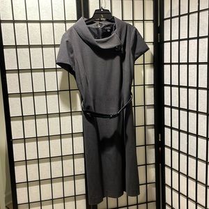 Gray dress from Tahari with black patent leather belt
